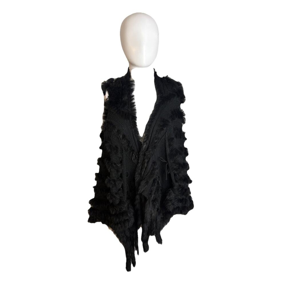 Genuine Rabbit Fur & Wool Knit Vest Black Large Sleeveless Tiered Gilet